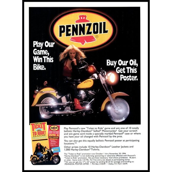 1994 Pennzoil Motor Oil Harley Davidson Motorcycle Vintage Print Ad Wall Art - Picture 1 of 1
